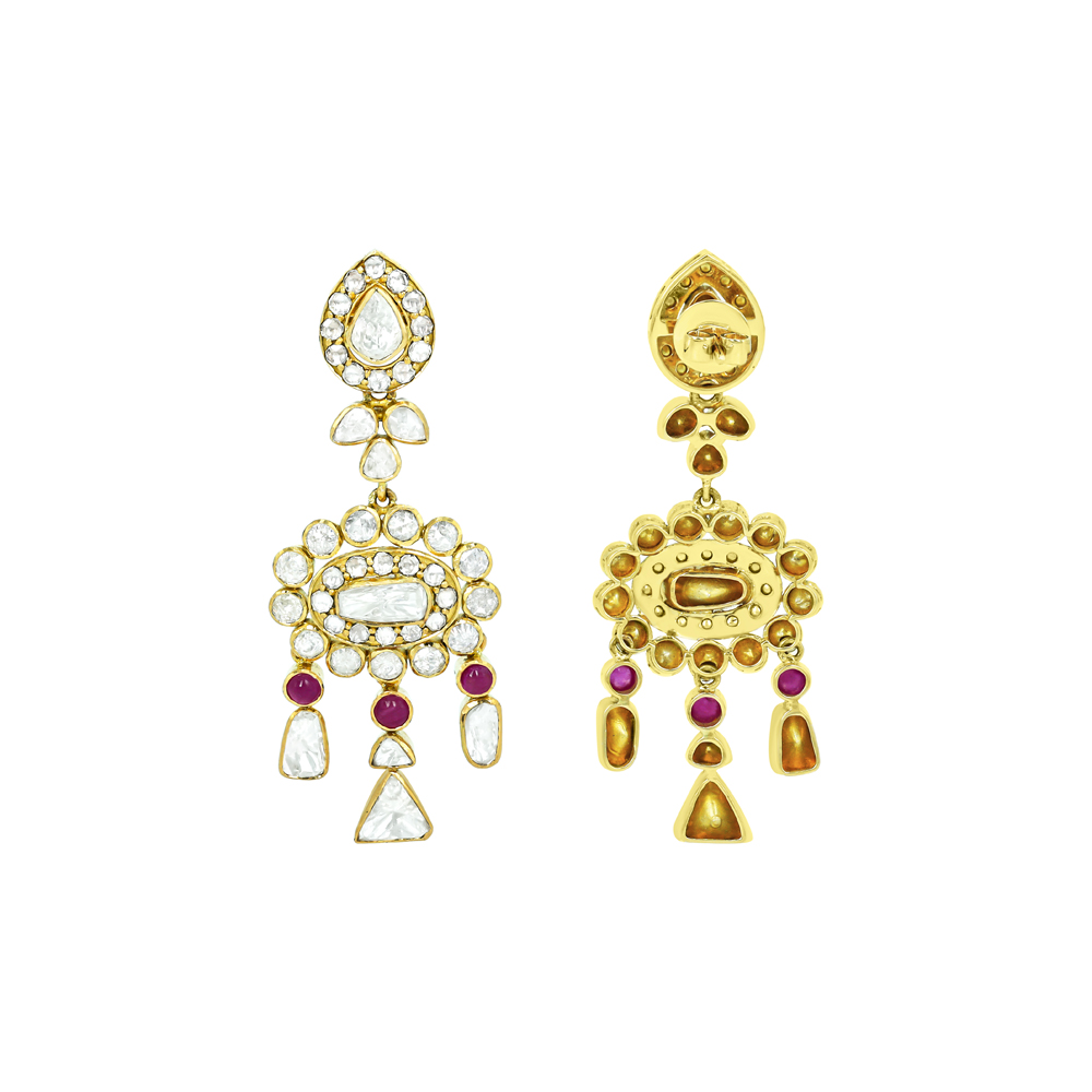 Polki Earrings with Ruby Accents and Dangling Drops
